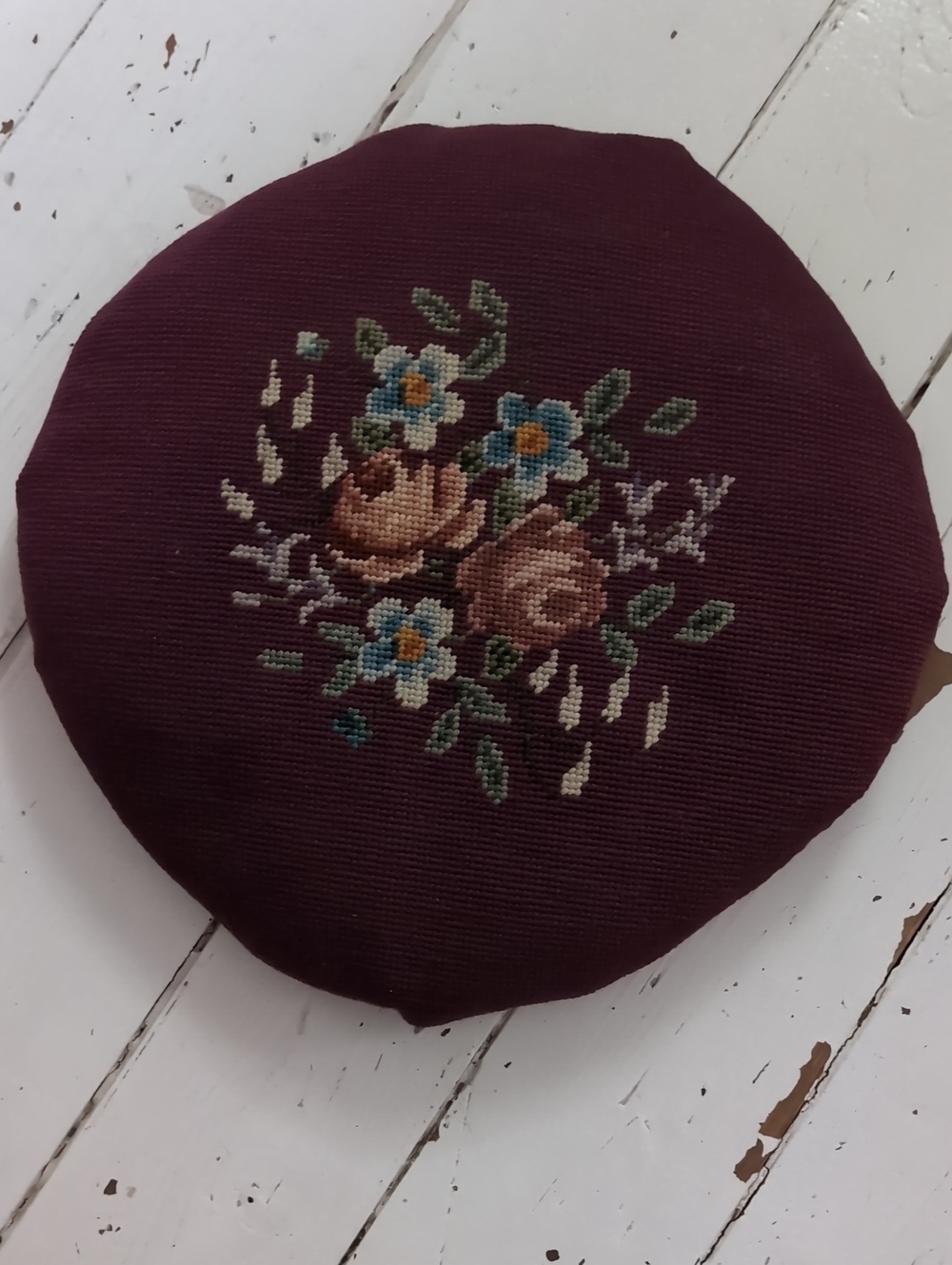 Round Embroidered Floral Accent Pillow - Burgundy